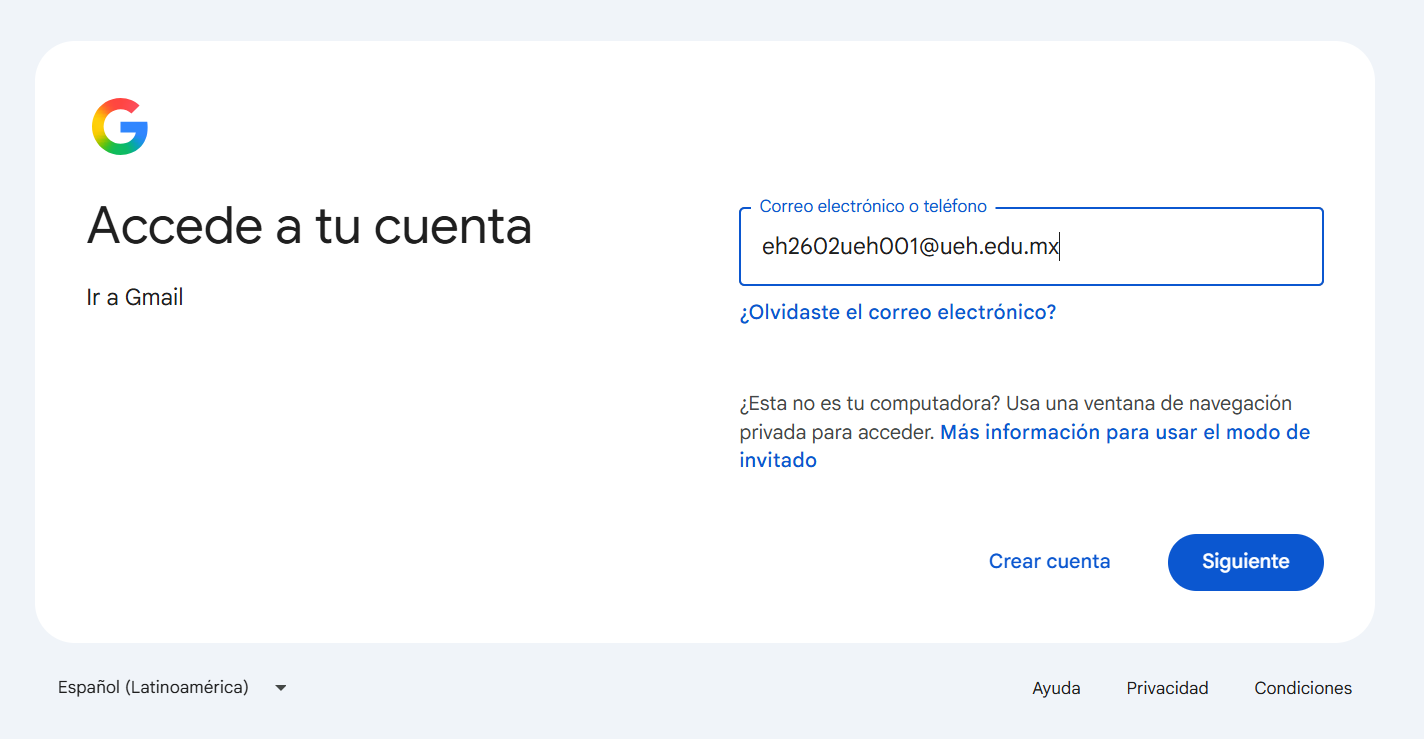 Pantalla de inicio de sesión de Google para introducir el correo institucional UEH