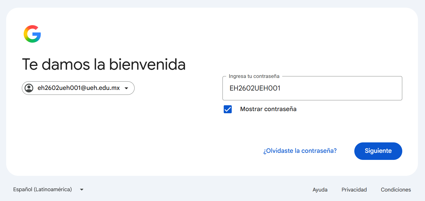 Pantalla de Google para introducir la contraseña temporal