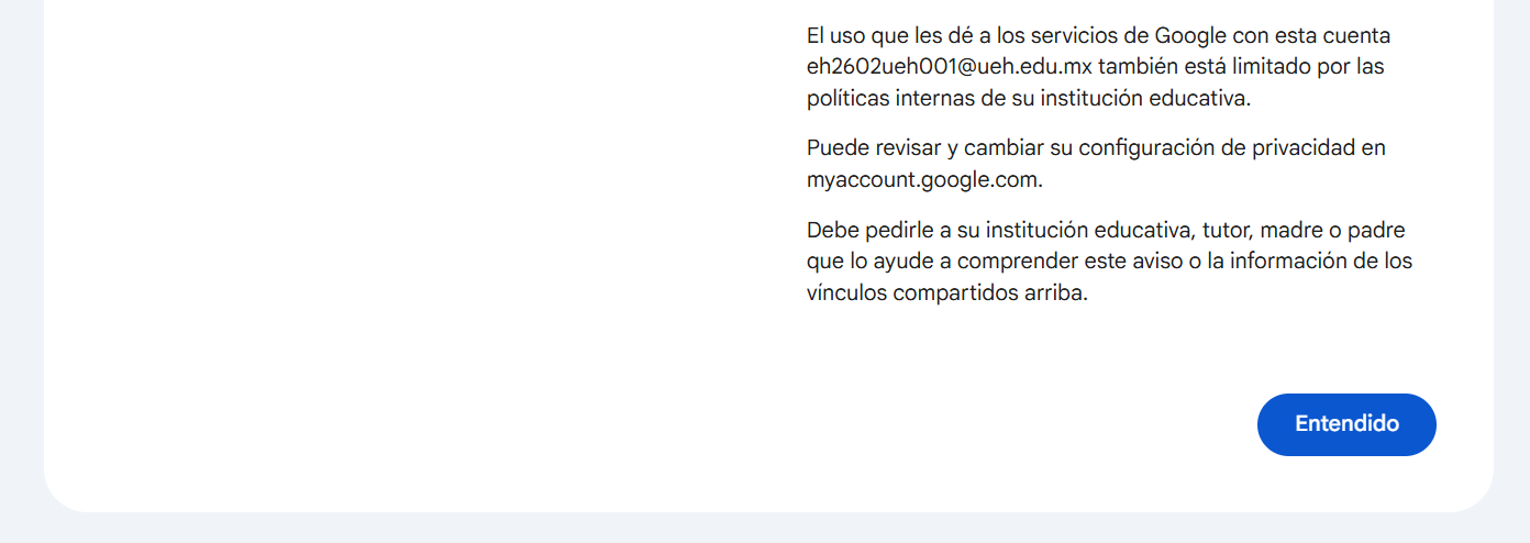 Pantalla de bienvenida de Google y aceptación de condiciones de la nueva cuenta