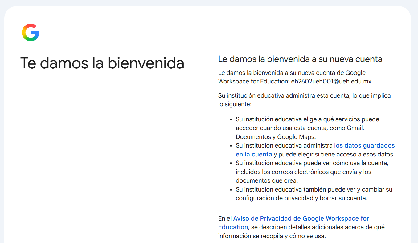Pantalla de bienvenida de Google y aceptación de condiciones de la nueva cuenta