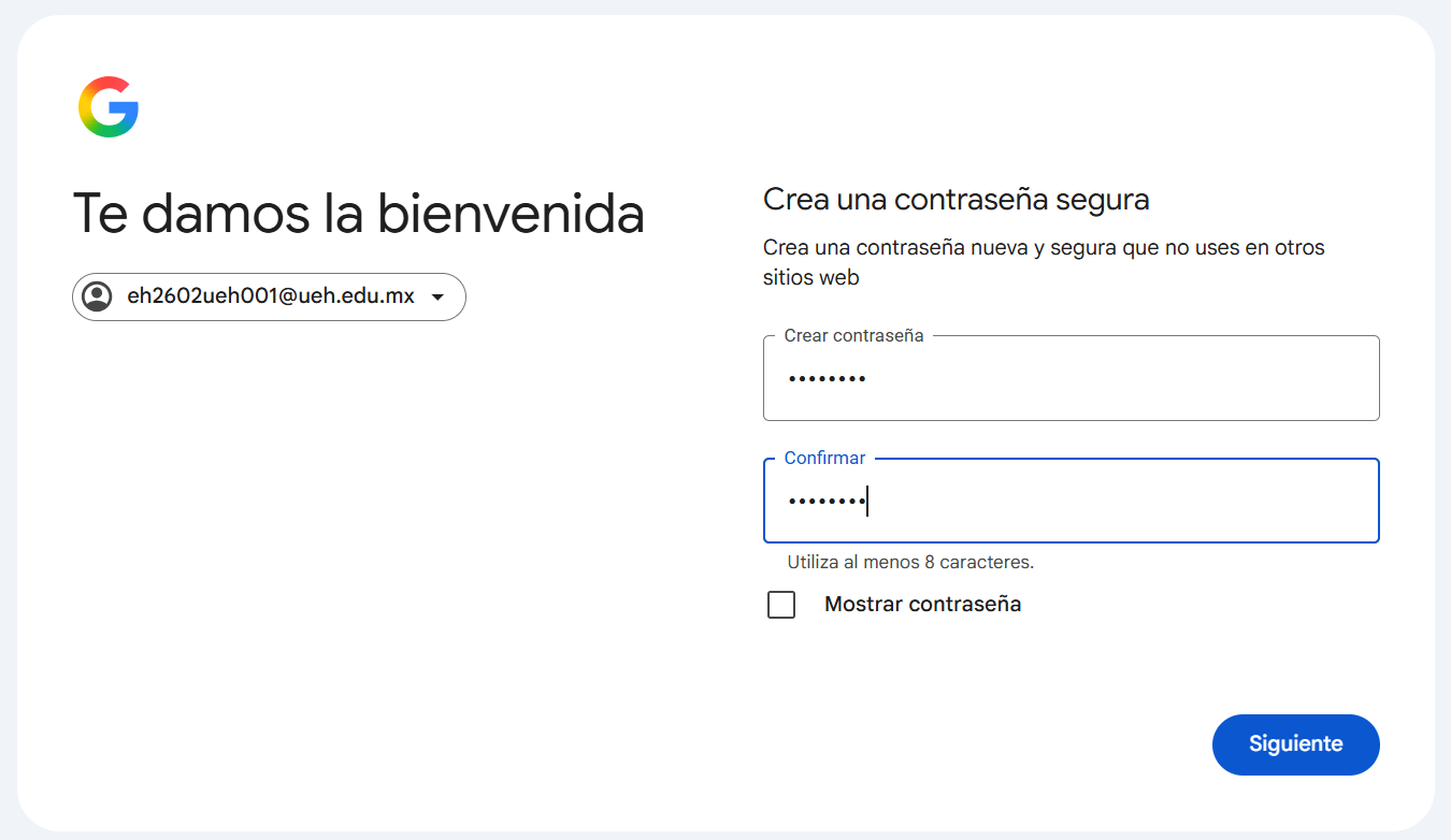 Pantalla de Google para crear y confirmar la nueva contraseña